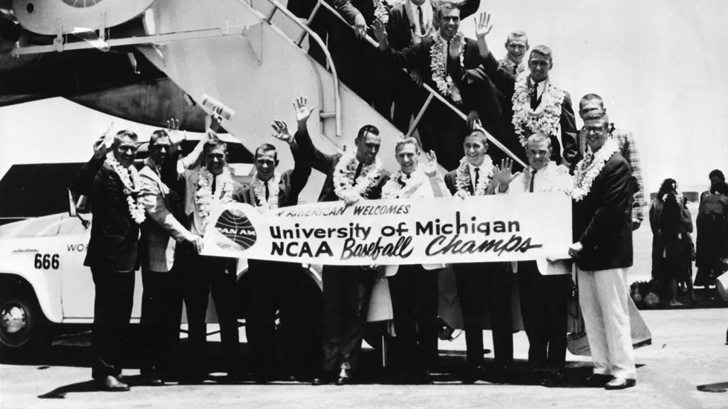 The 1962 U-M Baseball Team leaving a plane after returning from Japan.