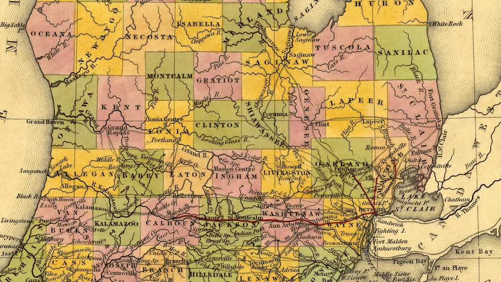 A map of Michigan showing its counties in 1842.