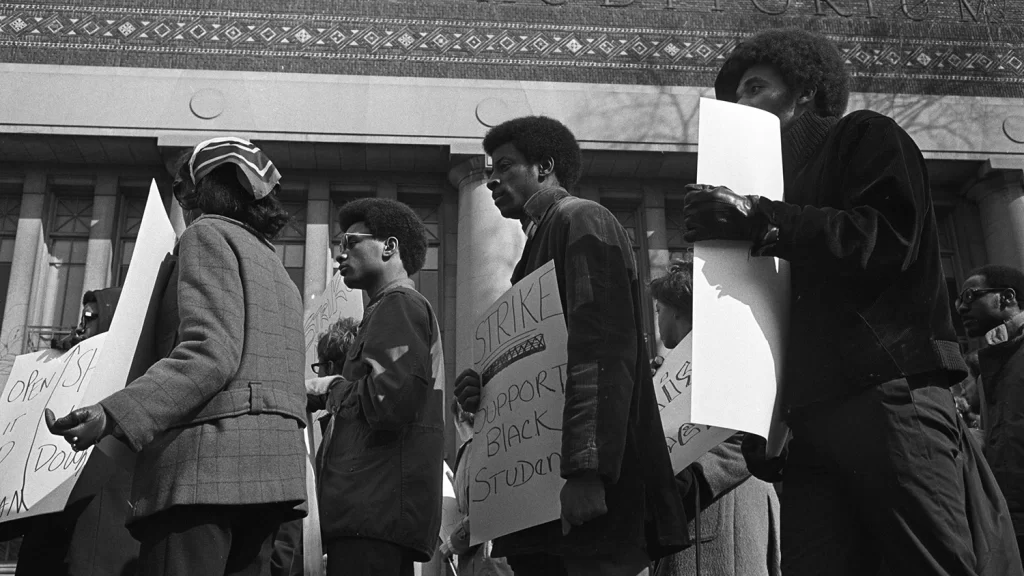 African American U-M students picketing in support of the Black Action Movement in front of Hill Auditorium.