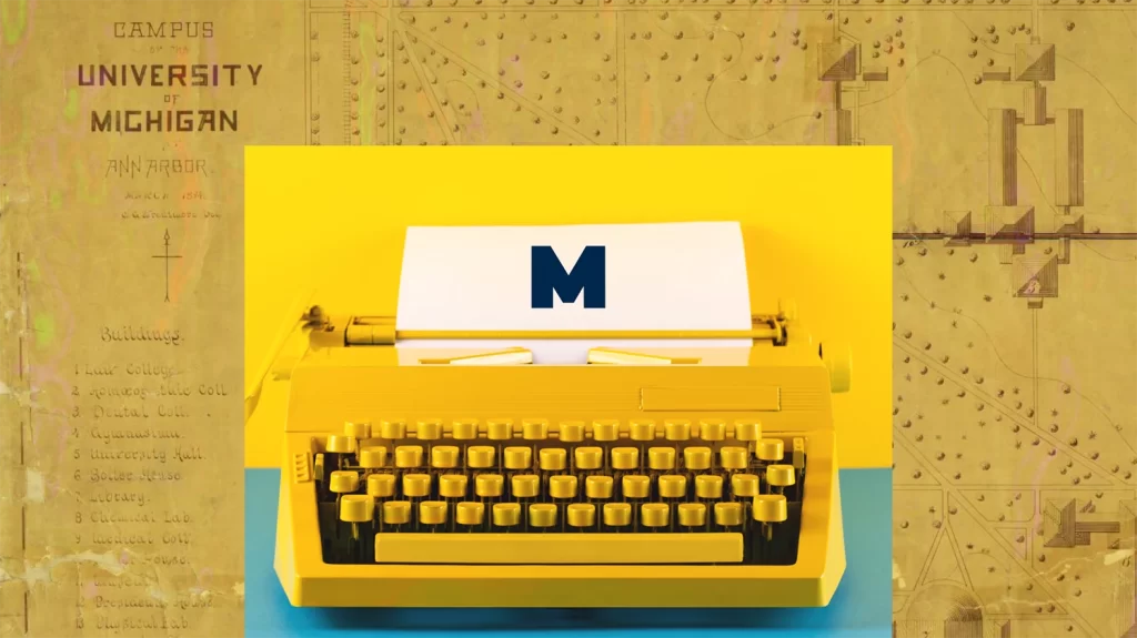 A yellow typewriter superimposed over a map of the U-M campus.