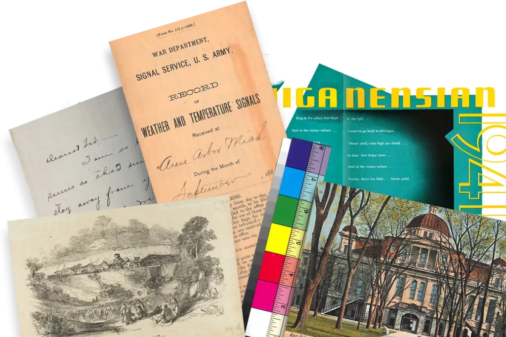 A variety of paper materials from the Bentley archives layered on top of each other including a postcard of the University of Michigan campus, a page from a yearbook, and an old letter.