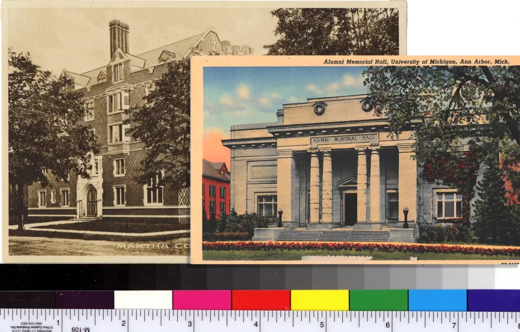 Two vintage postcards stacked on top of one another, both showing University of Michigan campus buildings.