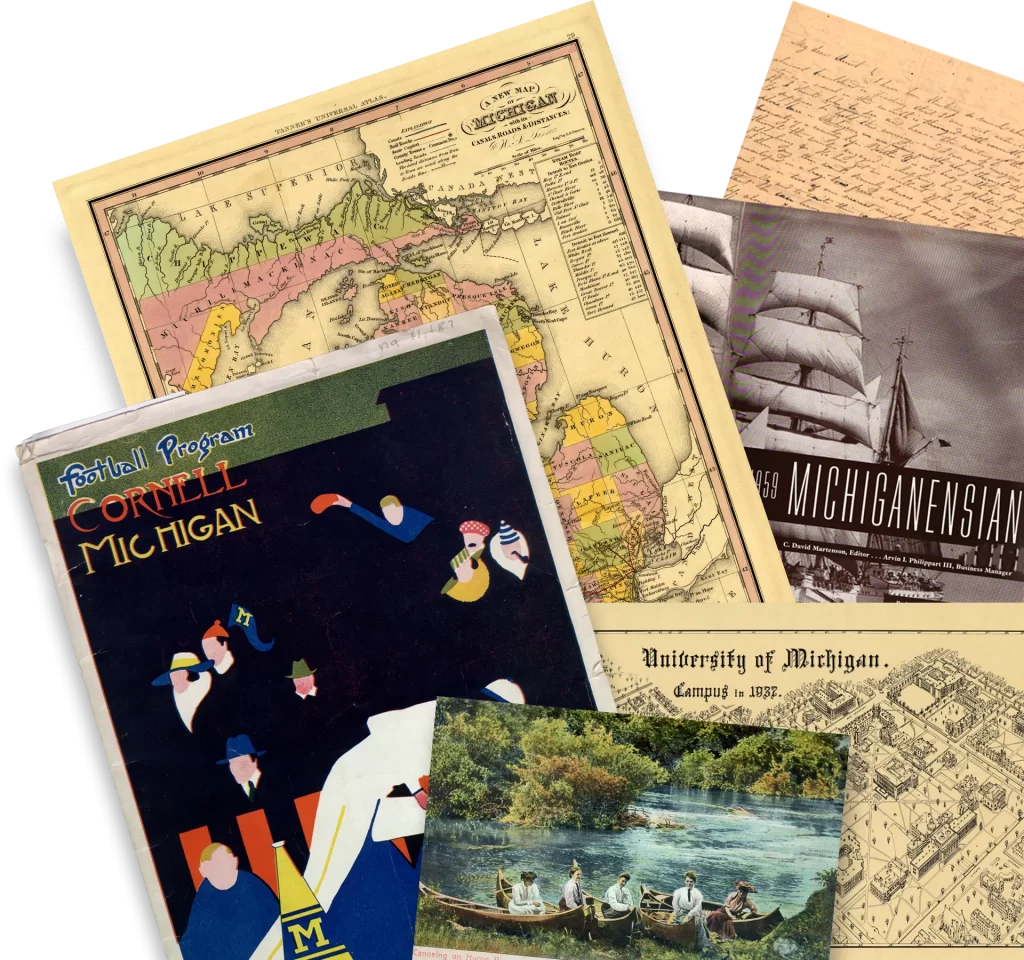 A variety of paper materials from the Bentley archives layered on top of each other including a football program, old map, and vintage postcard.